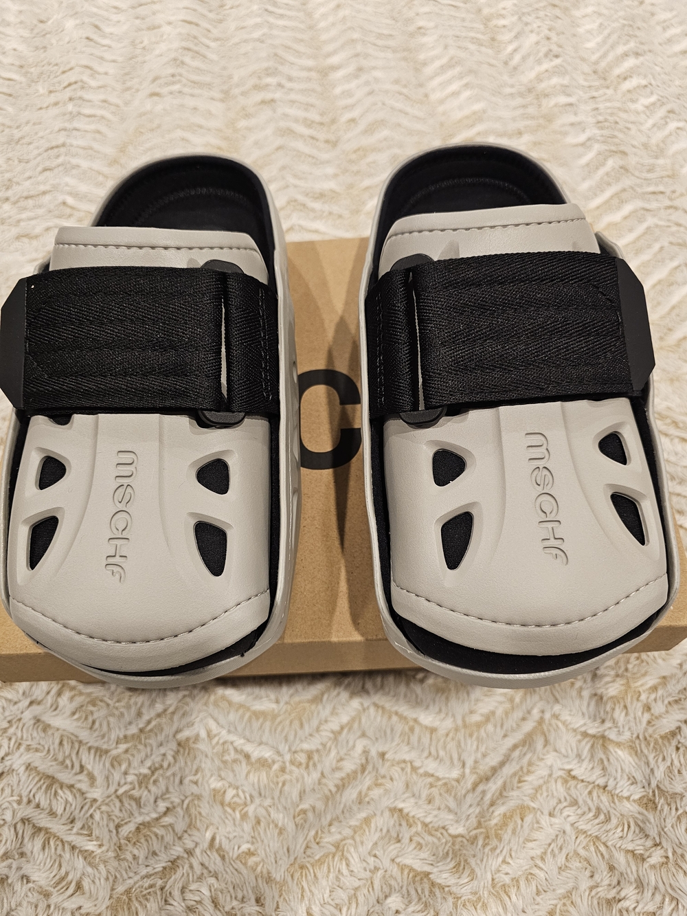 NWT Grey Slip-On Slides with Black Strap